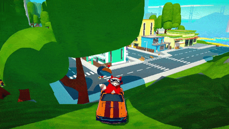 Randy jumping onto a pig with a broom